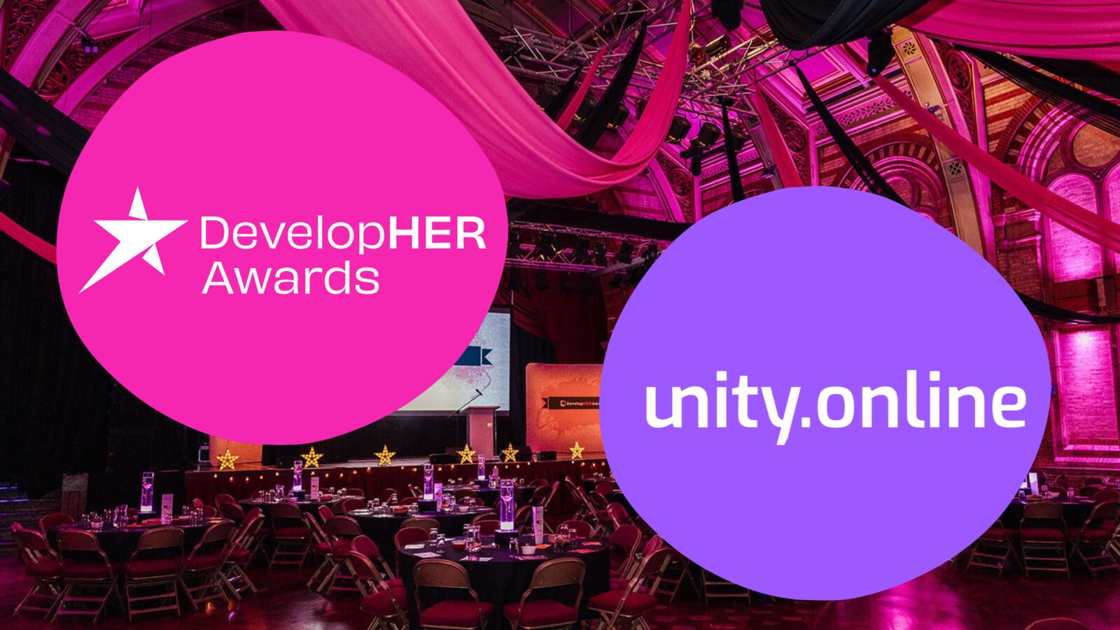 The DevelopHER Awards and Unity Online logos over a photo of the awards venue